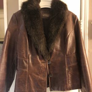 Brown Guess leather jacket.